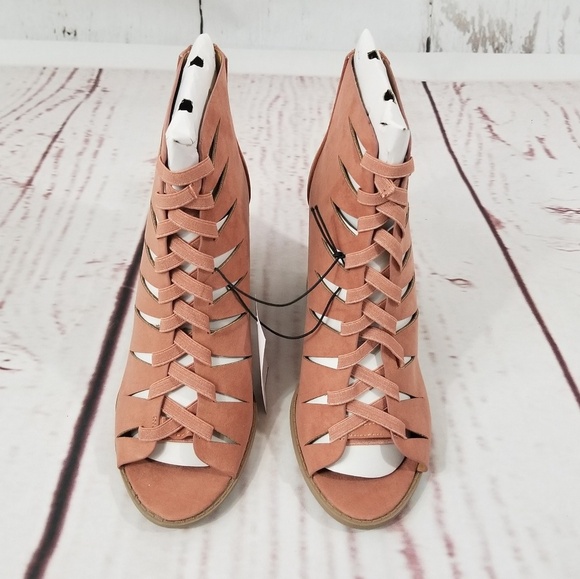 Pink Lace Up Block Heel Booties - Picture 2 of 8